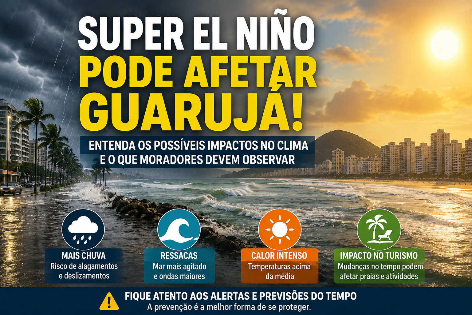 Super El Niño no Guarujá: fenômeno climático pode trazer mudanças no tempo, chuvas e ressacas no litoral